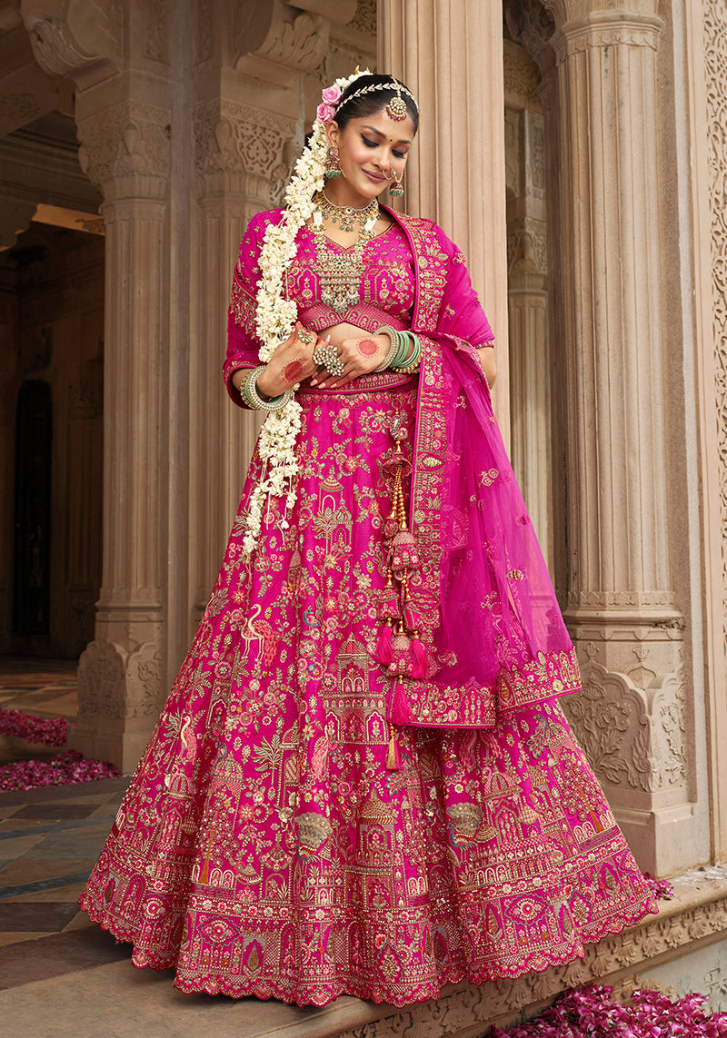 Monjolika Fashion Magenta Pink Khatli Embroidered Silk Blend Bridal Lehenga Choli - Distacart