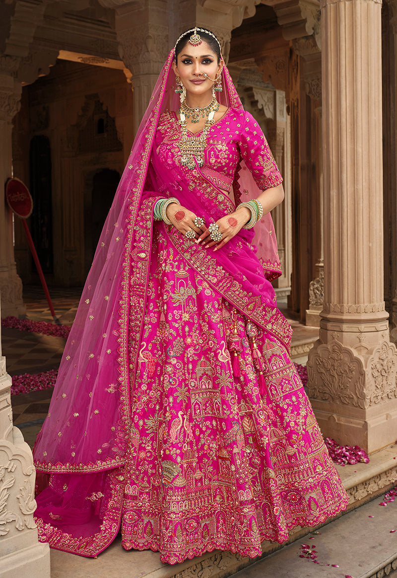 Monjolika Fashion Magenta Pink Khatli Embroidered Silk Blend Bridal Lehenga Choli - Distacart
