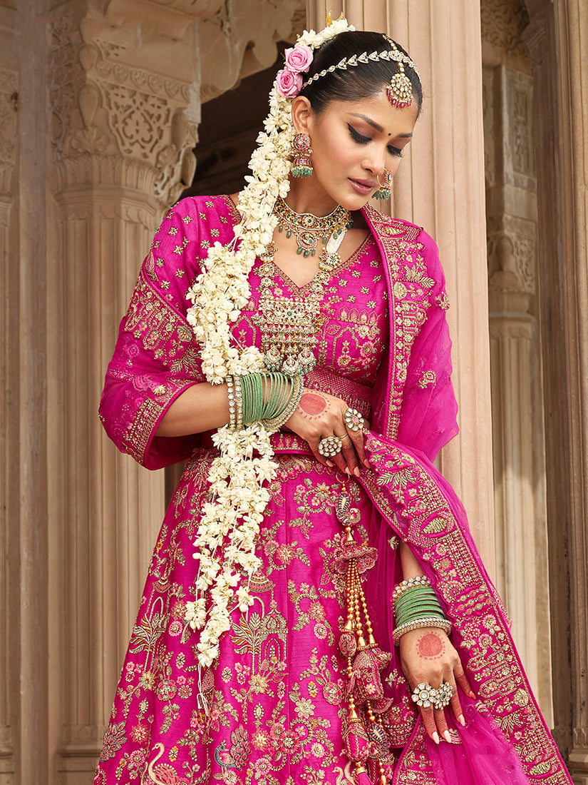 Monjolika Fashion Magenta Pink Khatli Embroidered Silk Blend Bridal Lehenga Choli - Distacart