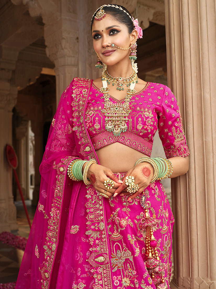 Monjolika Fashion Magenta Pink Khatli Embroidered Silk Blend Bridal Lehenga Choli - Distacart