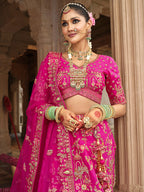 Monjolika Fashion Magenta Pink Khatli Embroidered Silk Blend Bridal Lehenga Choli - Distacart