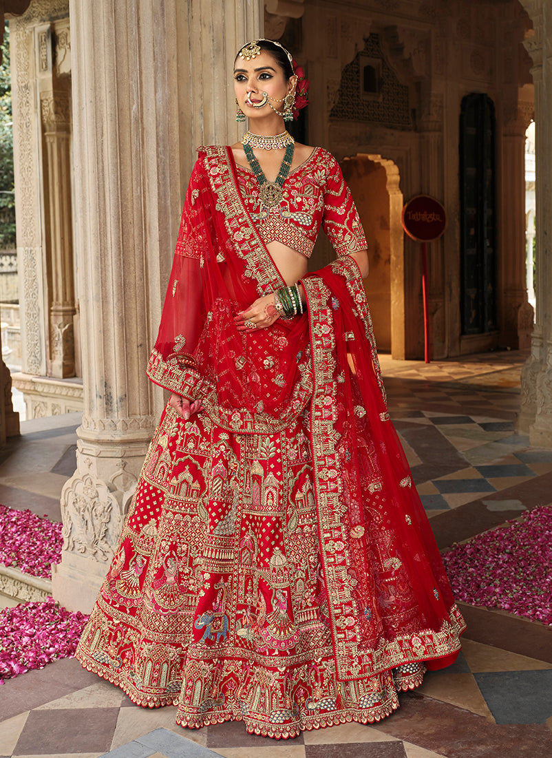 Monjolika Fashion Red Khatli Embroidered Silk Blend Bridal Lehenga Choli - Distacart