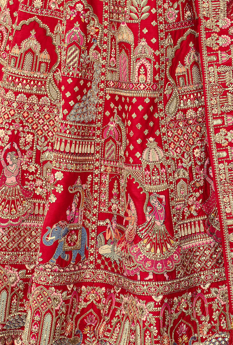 Monjolika Fashion Red Khatli Embroidered Silk Blend Bridal Lehenga Choli - Distacart