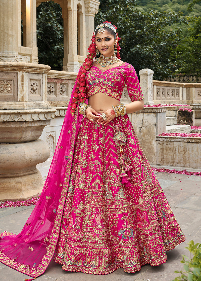 Monjolika Fashion Rani Pink Khatli Embroidered Silk Blend Bridal Lehenga Choli - Distacart