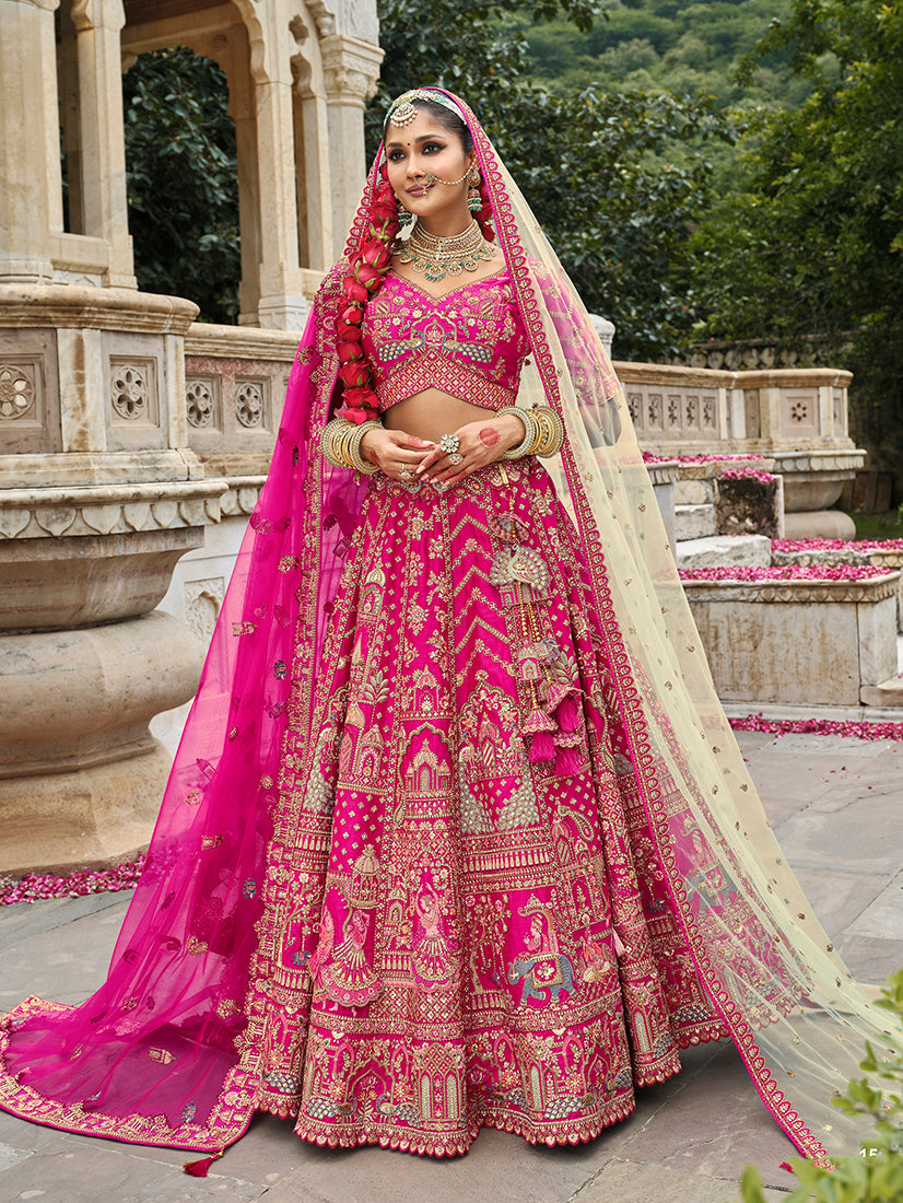 Monjolika Fashion Rani Pink Khatli Embroidered Silk Blend Bridal Lehenga Choli - Distacart