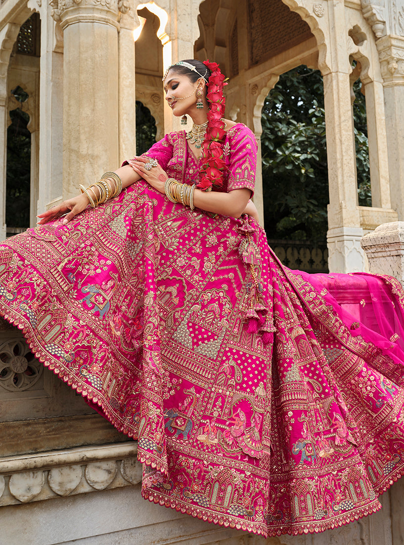Monjolika Fashion Rani Pink Khatli Embroidered Silk Blend Bridal Lehenga Choli - Distacart