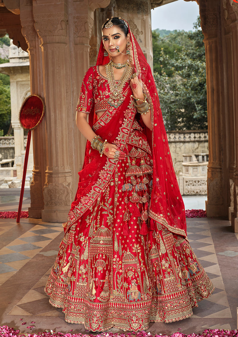 Monjolika Fashion Red Khatli Embroidered Silk Blend Bridal Lehenga Choli - Distacart