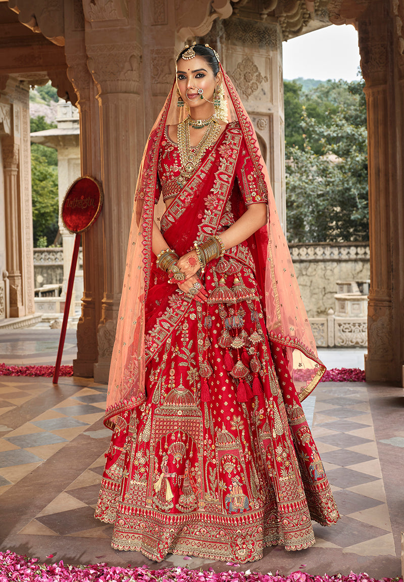 Monjolika Fashion Red Khatli Embroidered Silk Blend Bridal Lehenga Choli - Distacart