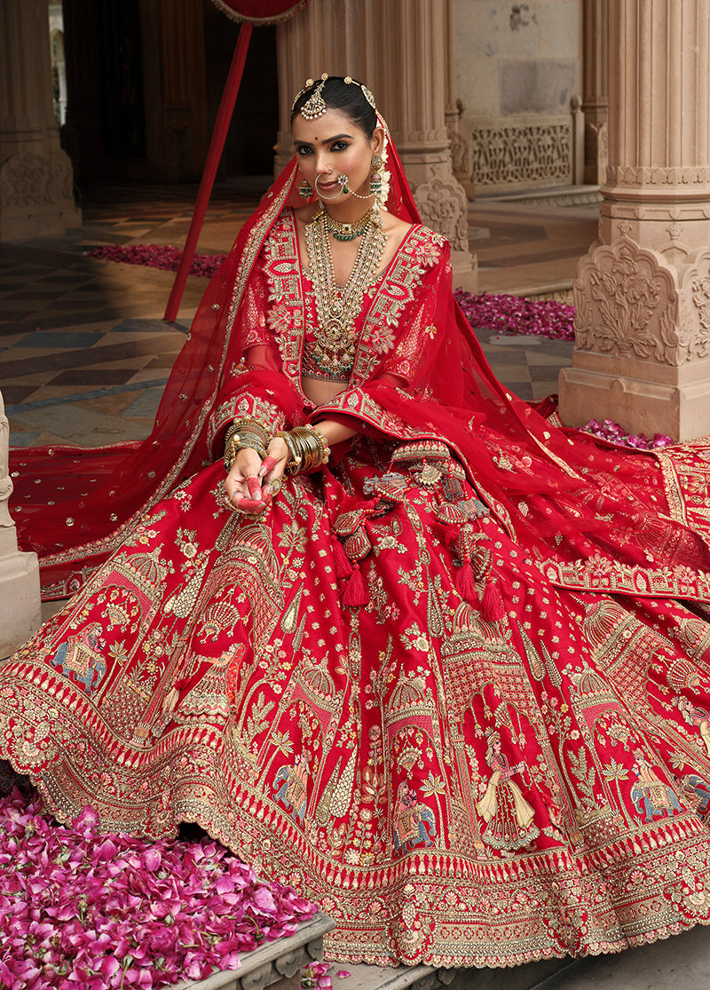 Monjolika Fashion Red Khatli Embroidered Silk Blend Bridal Lehenga Choli - Distacart