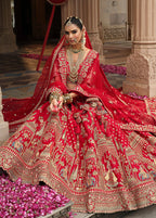 Monjolika Fashion Red Khatli Embroidered Silk Blend Bridal Lehenga Choli - Distacart