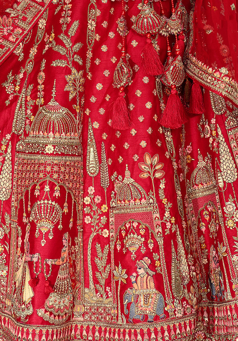 Monjolika Fashion Red Khatli Embroidered Silk Blend Bridal Lehenga Choli - Distacart