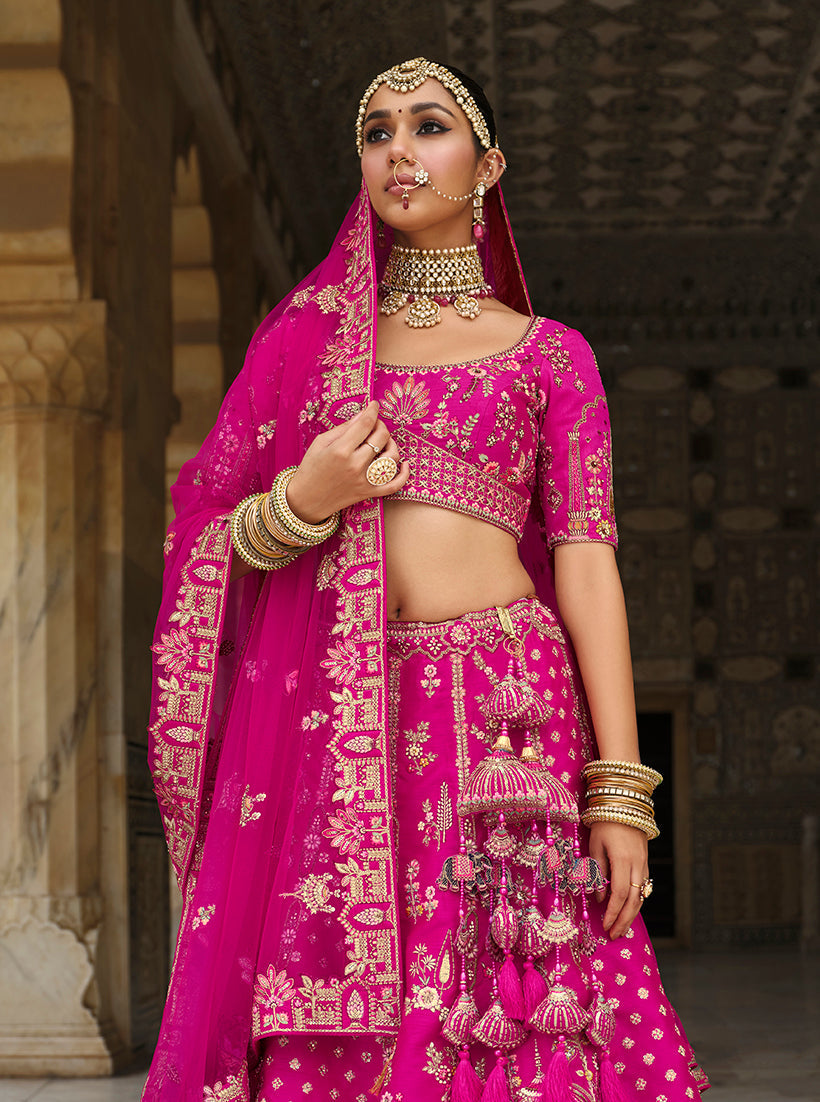 Monjolika Fashion Magenta Pink Khatli Embroidered Silk Blend Bridal Lehenga Choli - Distacart