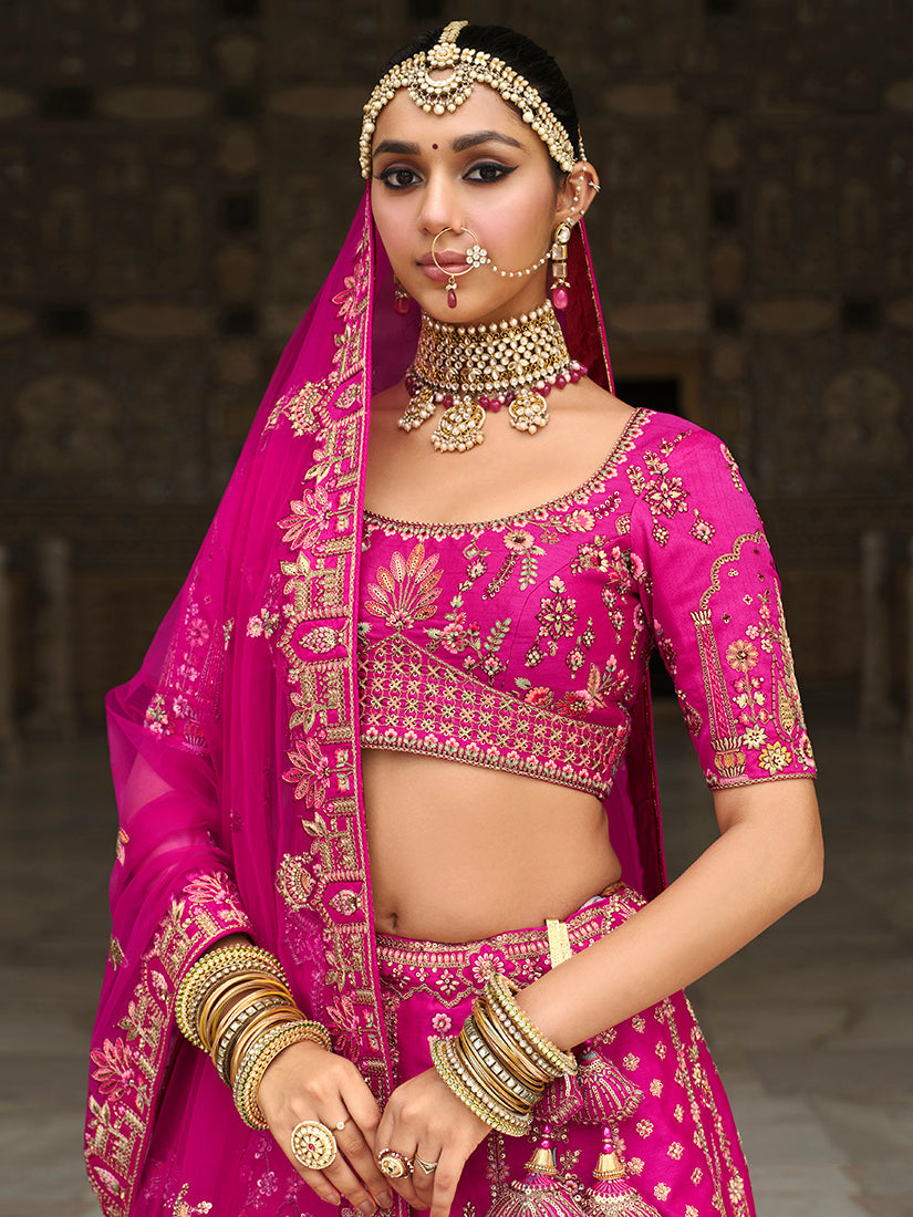 Monjolika Fashion Magenta Pink Khatli Embroidered Silk Blend Bridal Lehenga Choli - Distacart
