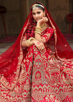 Monjolika Fashion Red Khatli Embroidered Silk Blend Bridal Lehenga Choli
