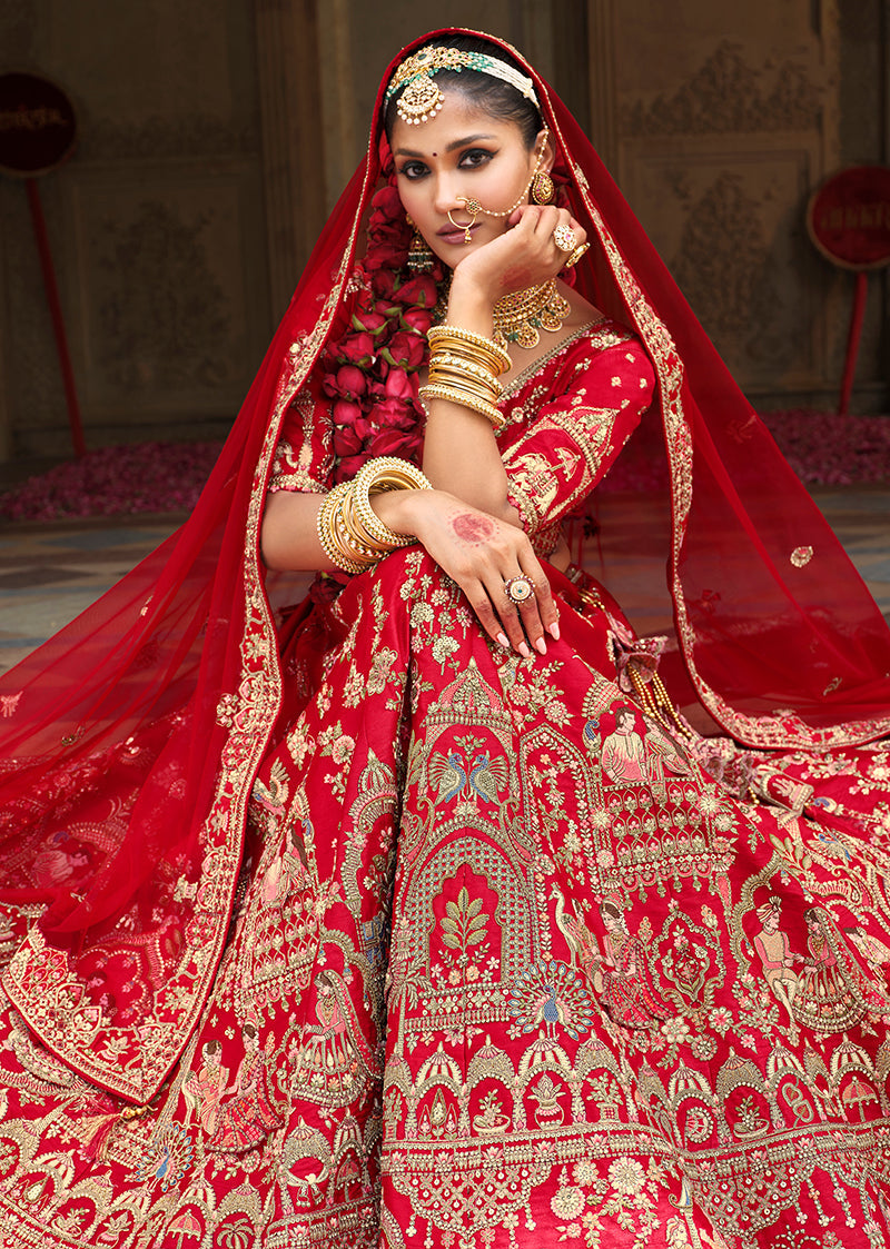 Monjolika Fashion Red Khatli Embroidered Silk Blend Bridal Lehenga Choli