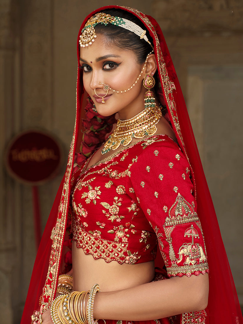 Monjolika Fashion Red Khatli Embroidered Silk Blend Bridal Lehenga Choli