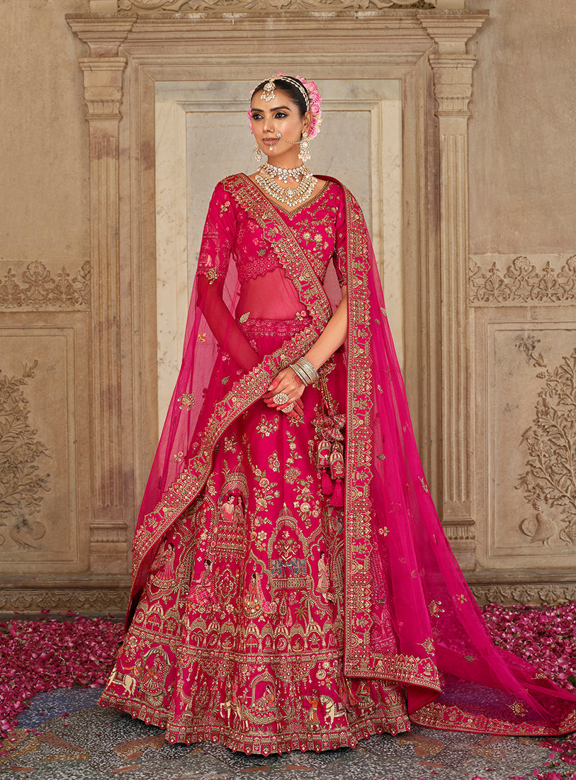 Monjolika Fashion Rani Pink Khatli Embroidered Silk Blend Bridal Lehenga Choli - Distacart