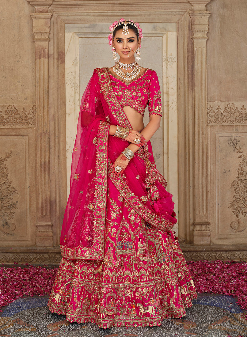Monjolika Fashion Rani Pink Khatli Embroidered Silk Blend Bridal Lehenga Choli - Distacart