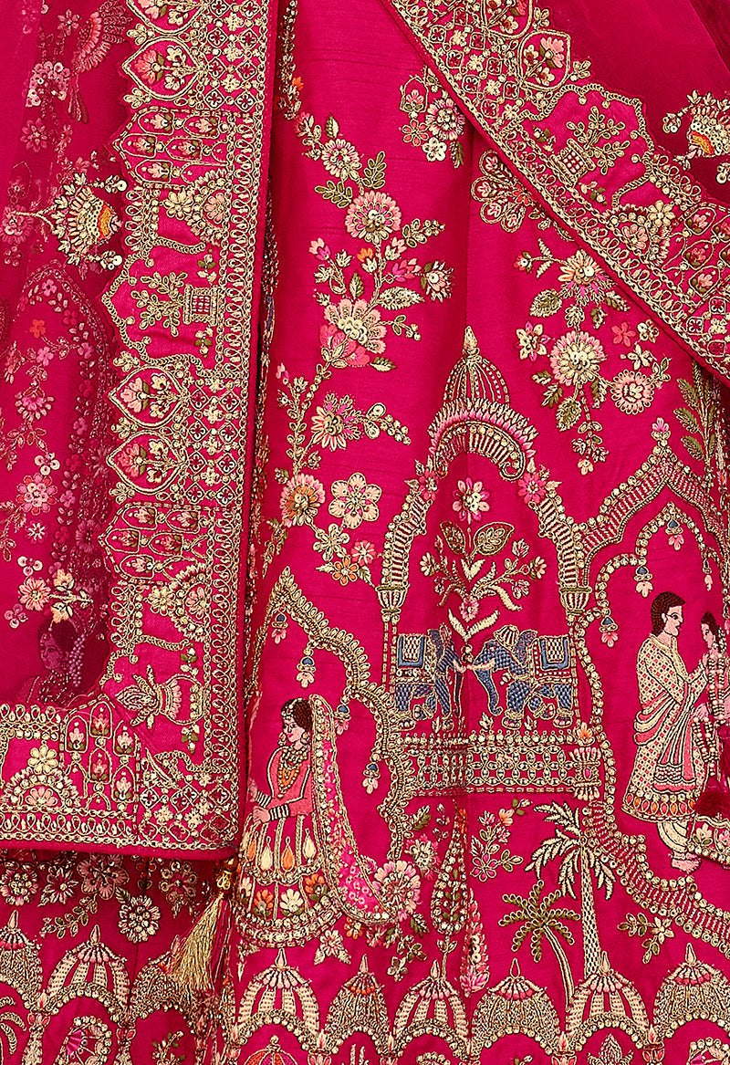 Monjolika Fashion Rani Pink Khatli Embroidered Silk Blend Bridal Lehenga Choli - Distacart