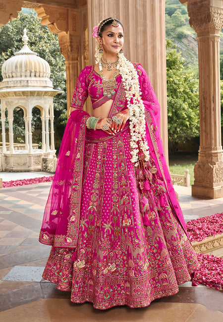 Monjolika Fashion Magenta Pink Khatli Embroidered Silk Blend Bridal Lehenga Choli