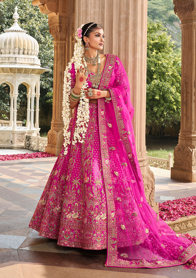 Monjolika Fashion Magenta Pink Khatli Embroidered Silk Blend Bridal Lehenga Choli - Distacart