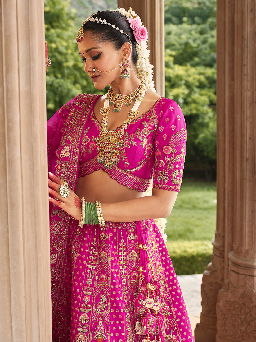 Monjolika Fashion Magenta Pink Khatli Embroidered Silk Blend Bridal Lehenga Choli - Distacart