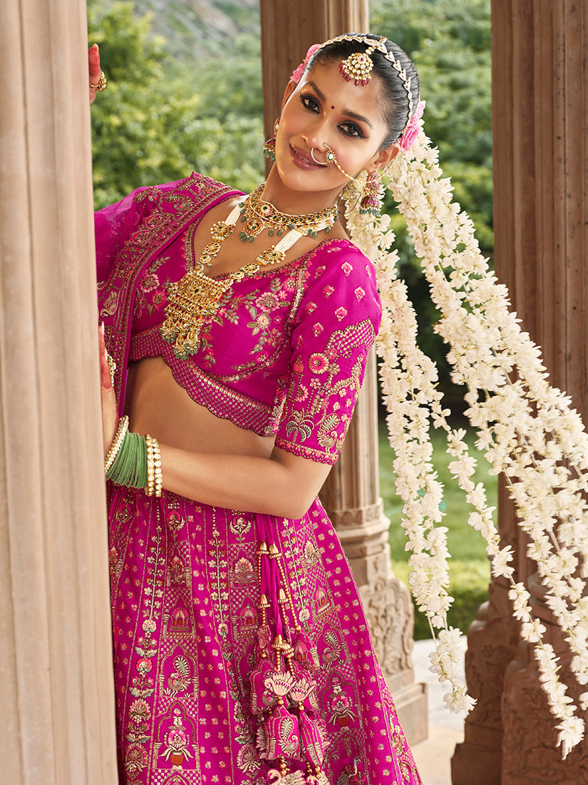 Monjolika Fashion Magenta Pink Khatli Embroidered Silk Blend Bridal Lehenga Choli - Distacart