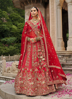 Monjolika Fashion Red Khatli Embroidered Silk Blend Bridal Lehenga Choli - Distacart