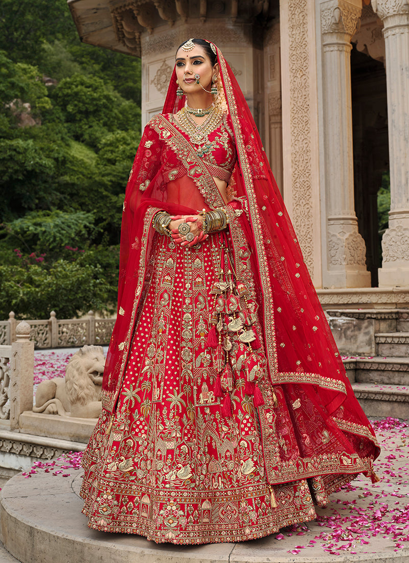 Monjolika Fashion Red Khatli Embroidered Silk Blend Bridal Lehenga Choli - Distacart