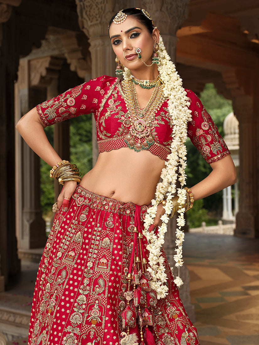 Monjolika Fashion Red Khatli Embroidered Silk Blend Bridal Lehenga Choli - Distacart