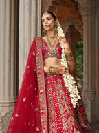 Monjolika Fashion Red Khatli Embroidered Silk Blend Bridal Lehenga Choli - Distacart