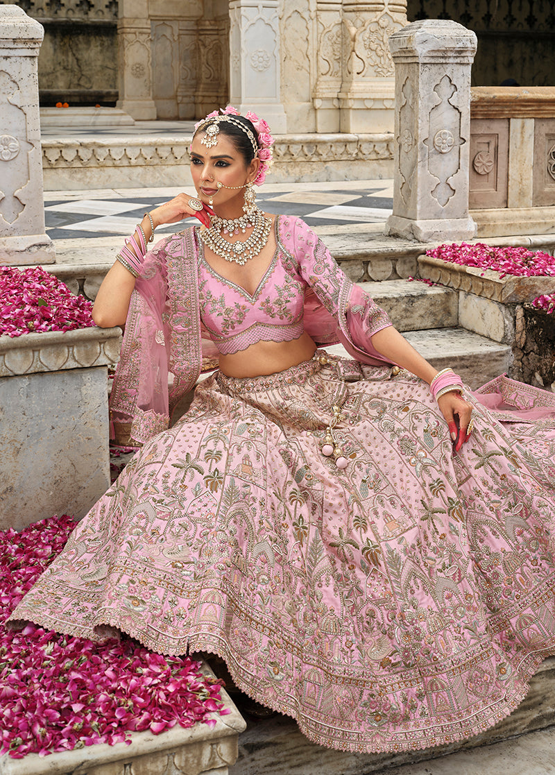 Monjolika Fashion Light Pink Khatli Embroidered Silk Blend Bridal Lehenga Choli - Distacart