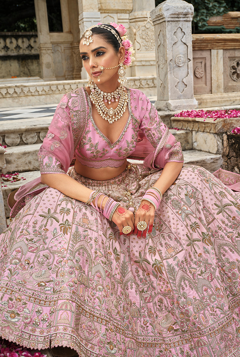 Monjolika Fashion Light Pink Khatli Embroidered Silk Blend Bridal Lehenga Choli - Distacart
