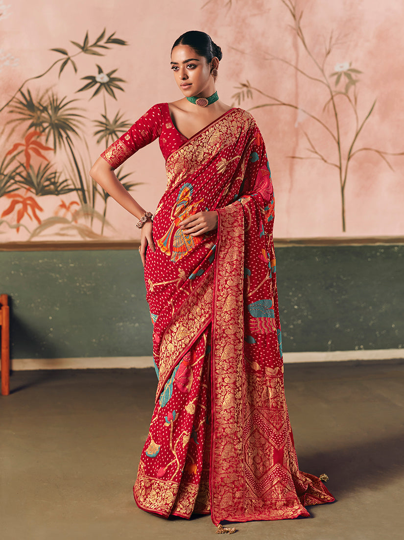 Monjolika Fashion Red Bandhej Weaving Work Faux Khadi Georgette Saree - Distacart