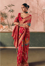 Monjolika Fashion Red Bandhej Weaving Work Faux Khadi Georgette Saree - Distacart