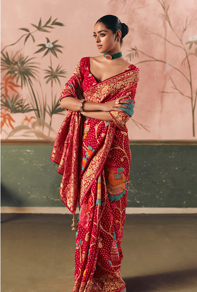 Monjolika Fashion Red Bandhej Weaving Work Faux Khadi Georgette Saree - Distacart