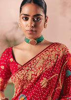 Monjolika Fashion Red Bandhej Weaving Work Faux Khadi Georgette Saree - Distacart