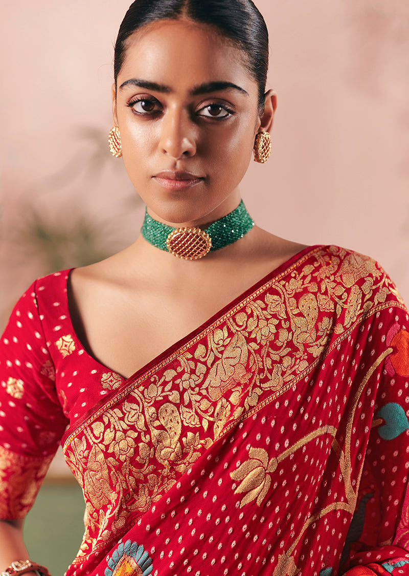 Monjolika Fashion Red Bandhej Weaving Work Faux Khadi Georgette Saree - Distacart