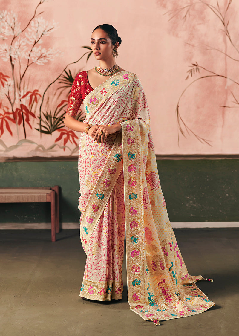 Monjolika Fashion Off White Bandhej Weaving Work Faux Khadi Georgette Saree - Distacart