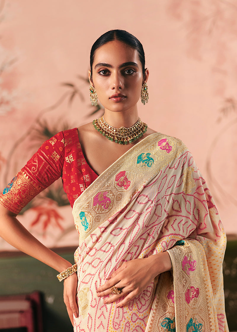 Monjolika Fashion Off White Bandhej Weaving Work Faux Khadi Georgette Saree - Distacart