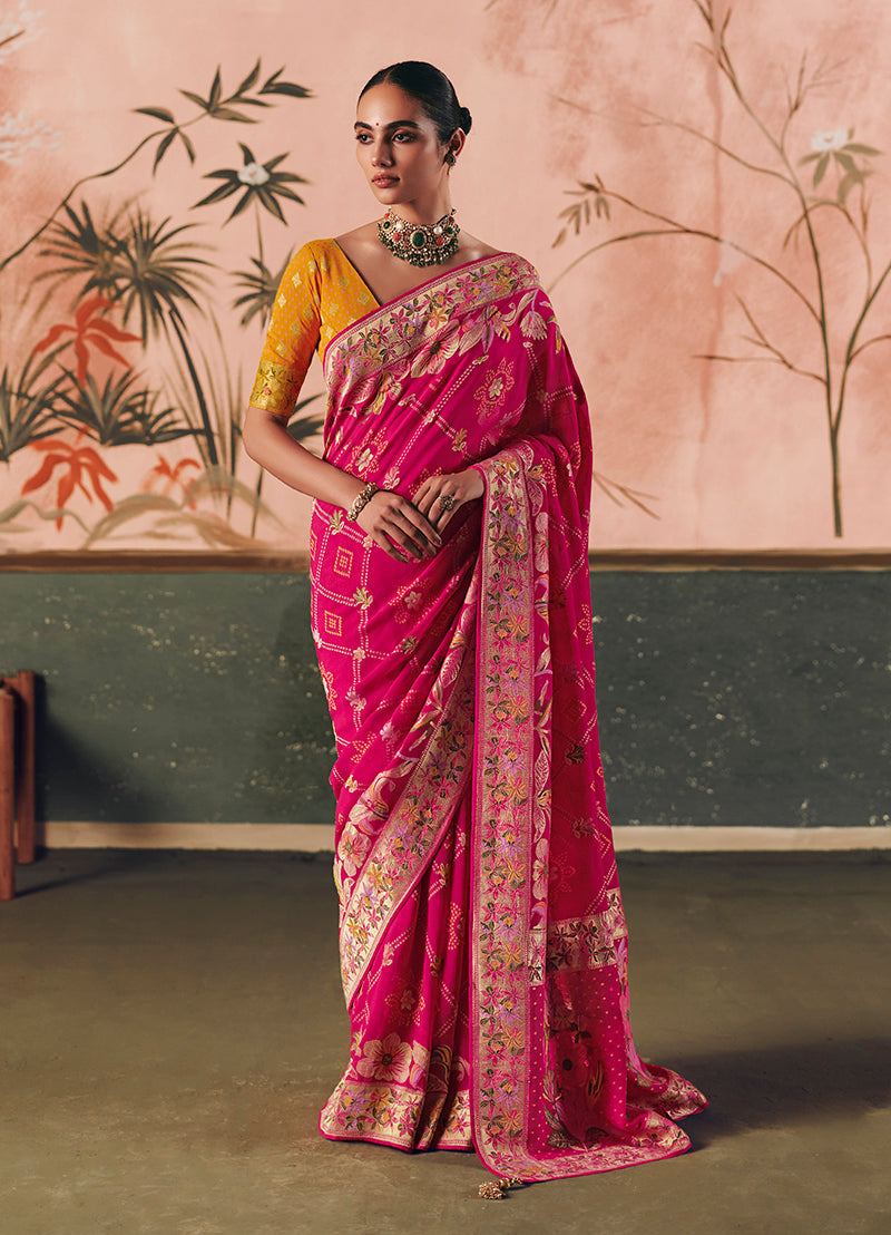 Monjolika Fashion Rani Pink Bandhej Weaving Work Faux Khadi Georgette Saree - Distacart