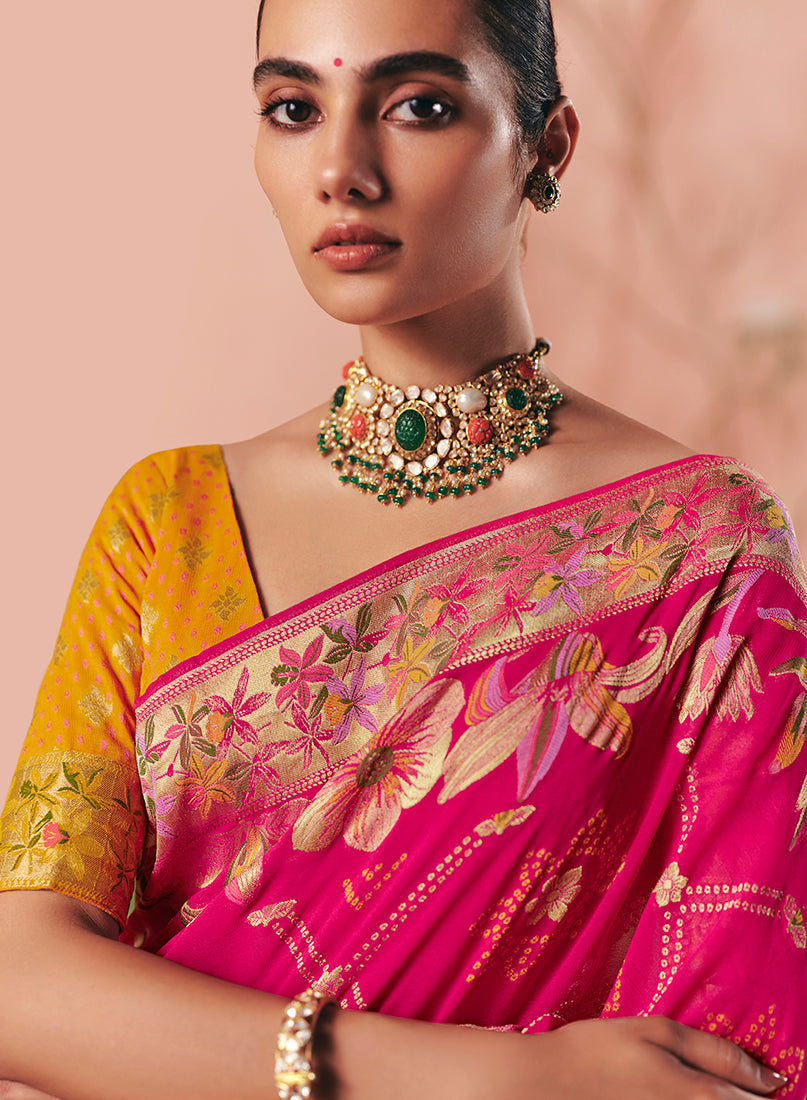 Monjolika Fashion Rani Pink Bandhej Weaving Work Faux Khadi Georgette Saree - Distacart