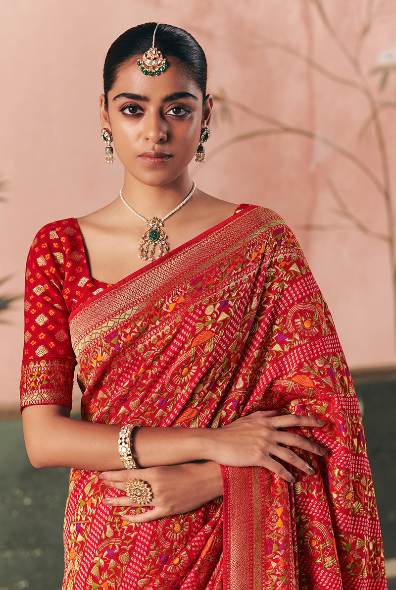 Monjolika Fashion Red Bandhej Weaving Work Faux Khadi Georgette Saree - Distacart