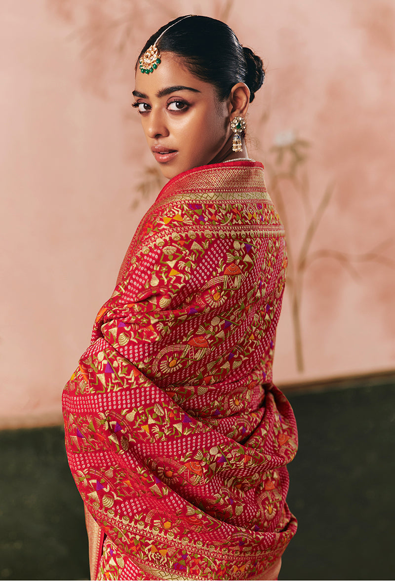 Monjolika Fashion Red Bandhej Weaving Work Faux Khadi Georgette Saree - Distacart