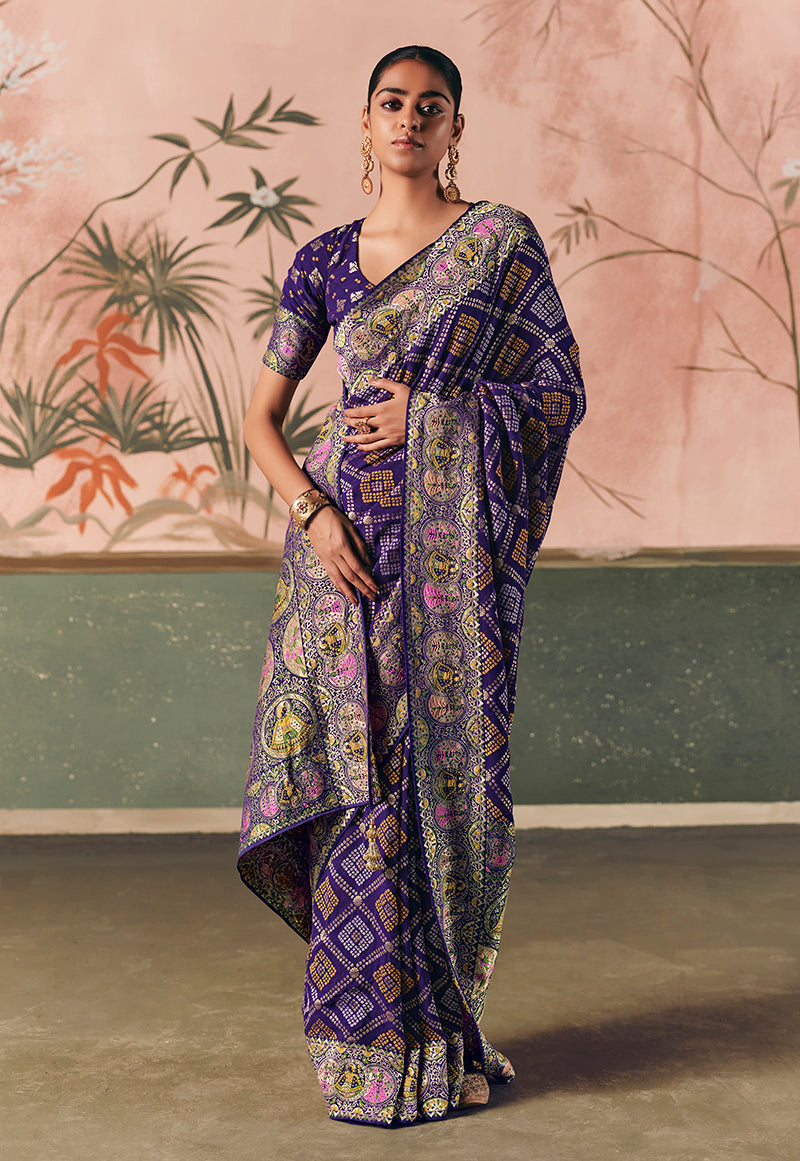 Monjolika Fashion Violet Bandhej Weaving Work Faux Khadi Georgette Saree - Distacart