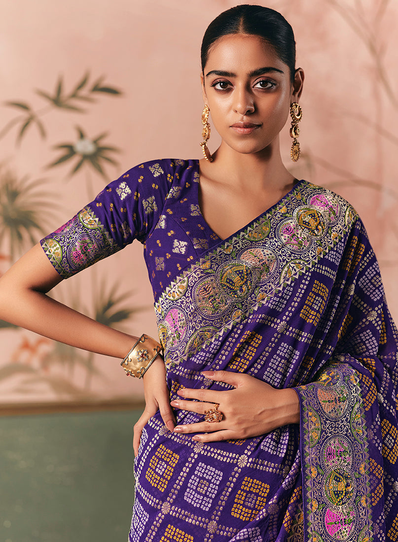 Monjolika Fashion Violet Bandhej Weaving Work Faux Khadi Georgette Saree - Distacart