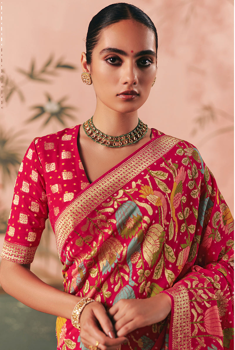Monjolika Fashion Rani Pink Bandhej Weaving Work Faux Khadi Georgette Saree - Distacart