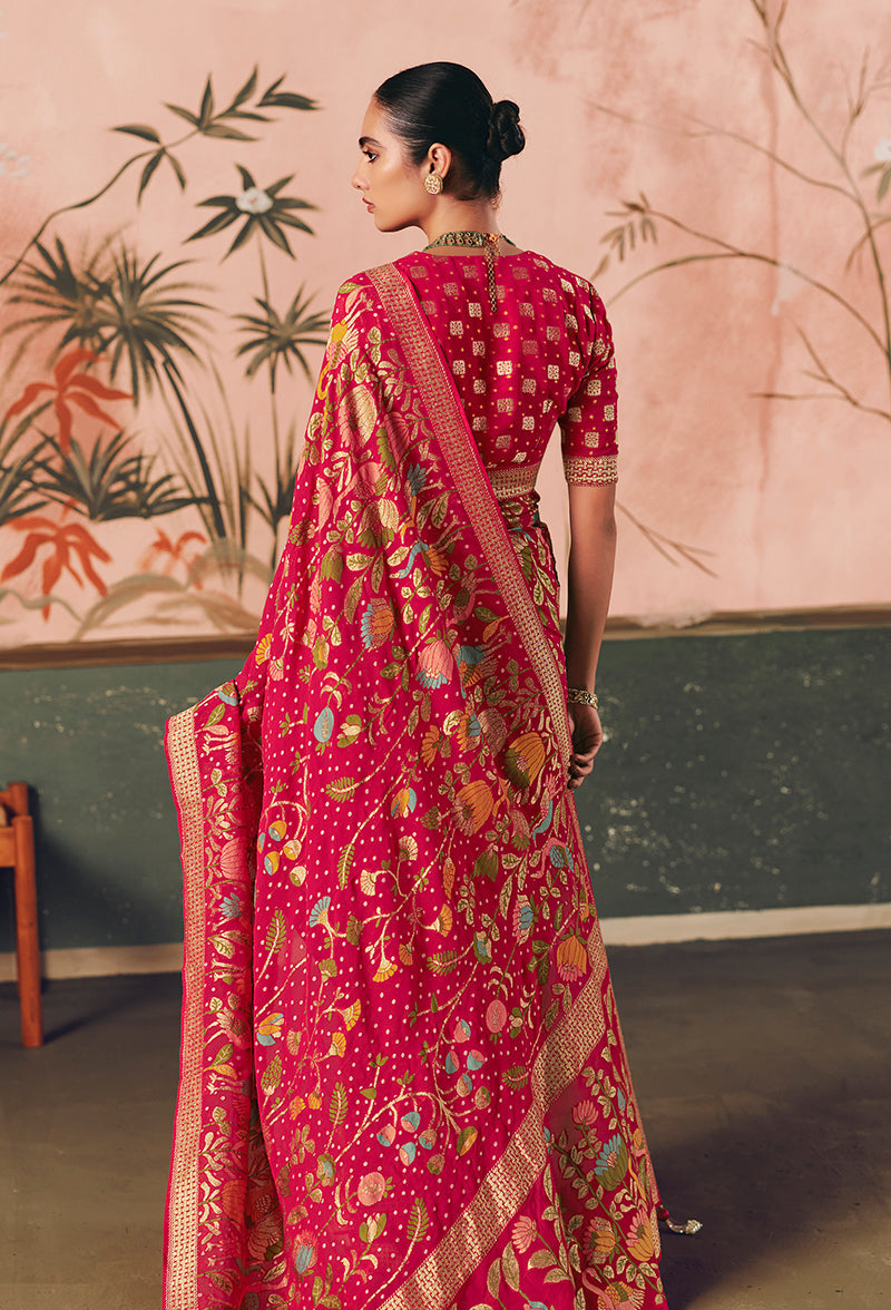 Monjolika Fashion Rani Pink Bandhej Weaving Work Faux Khadi Georgette Saree - Distacart