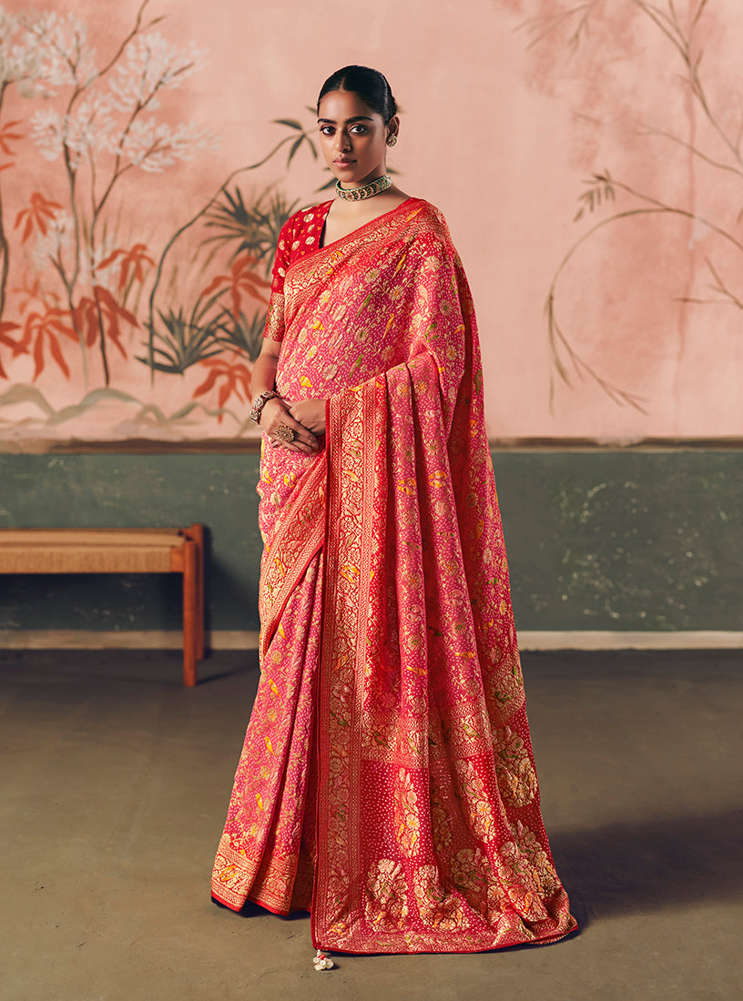 Monjolika Fashion Gajri Pink Bandhej Weaving Work Faux Khadi Georgette Saree - Distacart
