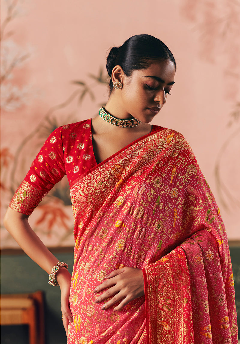 Monjolika Fashion Gajri Pink Bandhej Weaving Work Faux Khadi Georgette Saree - Distacart